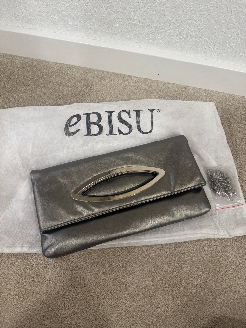 Metallic Gray Leather Fold-Over Clutch with Silver Handle